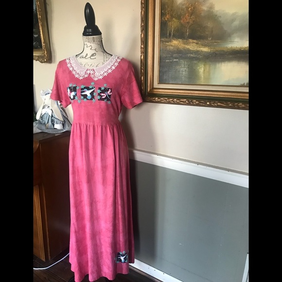 Rare Pink Tie Dye Hummingbird Lace Collar Dress M - Picture 10 of 15